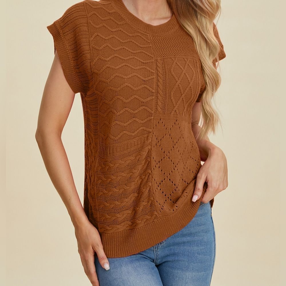 Double Take Full Size Cable-Knit Round Neck Lime Green Knit Women's Top